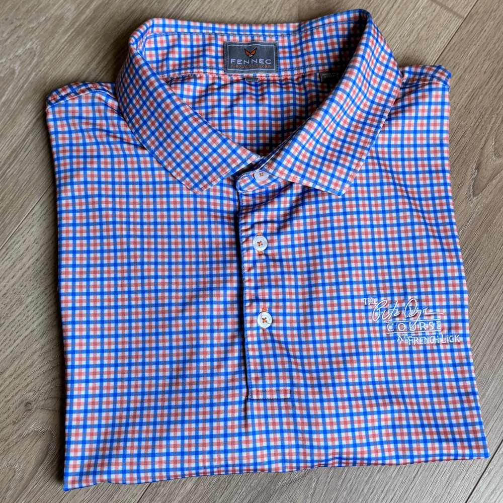 Fennec Men's Blue and Orange Checkered Polo Golf Shirt Size XL Pete Dye‎ Course